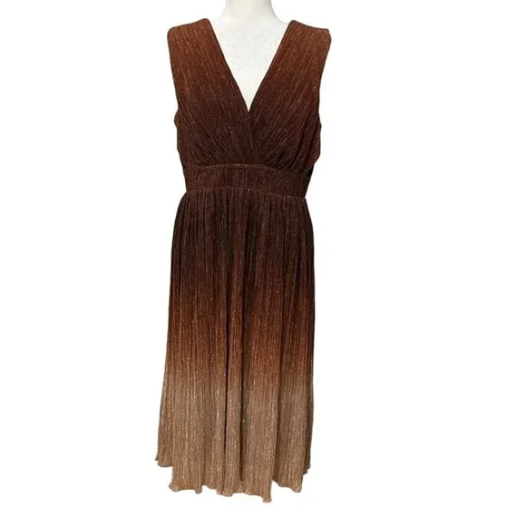 Dress the Population Brown Gold Pleated Metallic Midi Dress L Sleeveless Party - Picture 2 of 10